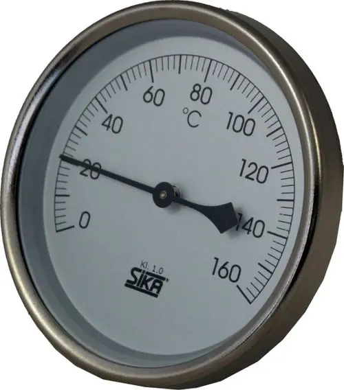 Thermometer mit Bimetall-Anzeige, skaliert von 0 bis 160 °C, im Metallgehäuse. Die Marke Wolf ist in der unteren Mitte des Zifferblatts sichtbar.